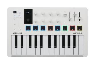 Arturia MiniLab 3, 25 Slim-Key USB-C Midi Controller with 5-Year Warranty, 8 Backlit LED Pads, 8 Knobs, 4 Faders, Midi Out, Built-in Arpeggiator, Chord mode and Music Production Software Bundle