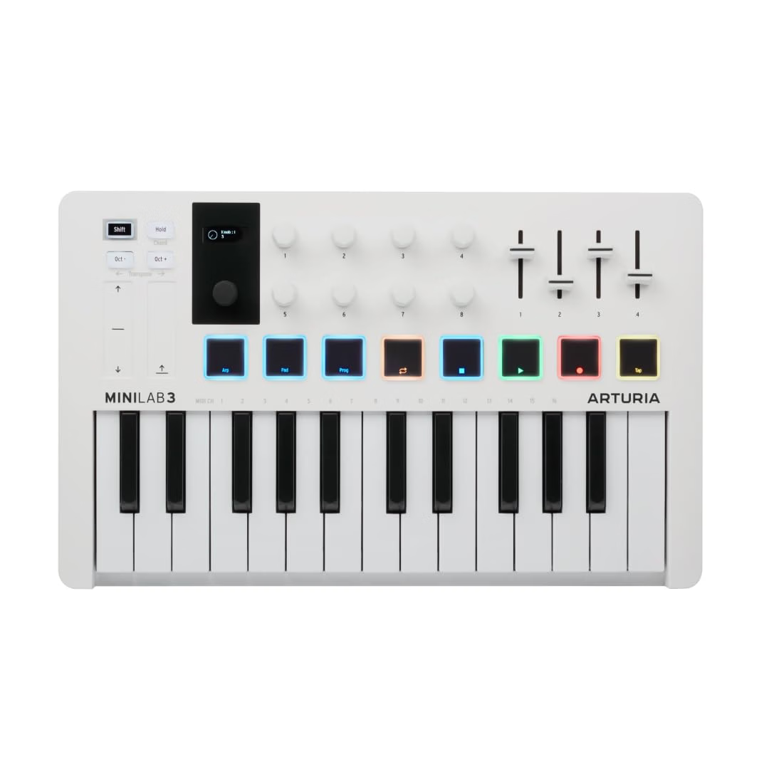 Arturia MiniLab 3, 25 Slim-Key USB-C Midi Controller with 5-Year Warranty, 8 Backlit LED Pads, 8 Knobs, 4 Faders, Midi Out, Built-in Arpeggiator, Chord mode and Music Production Software Bundle