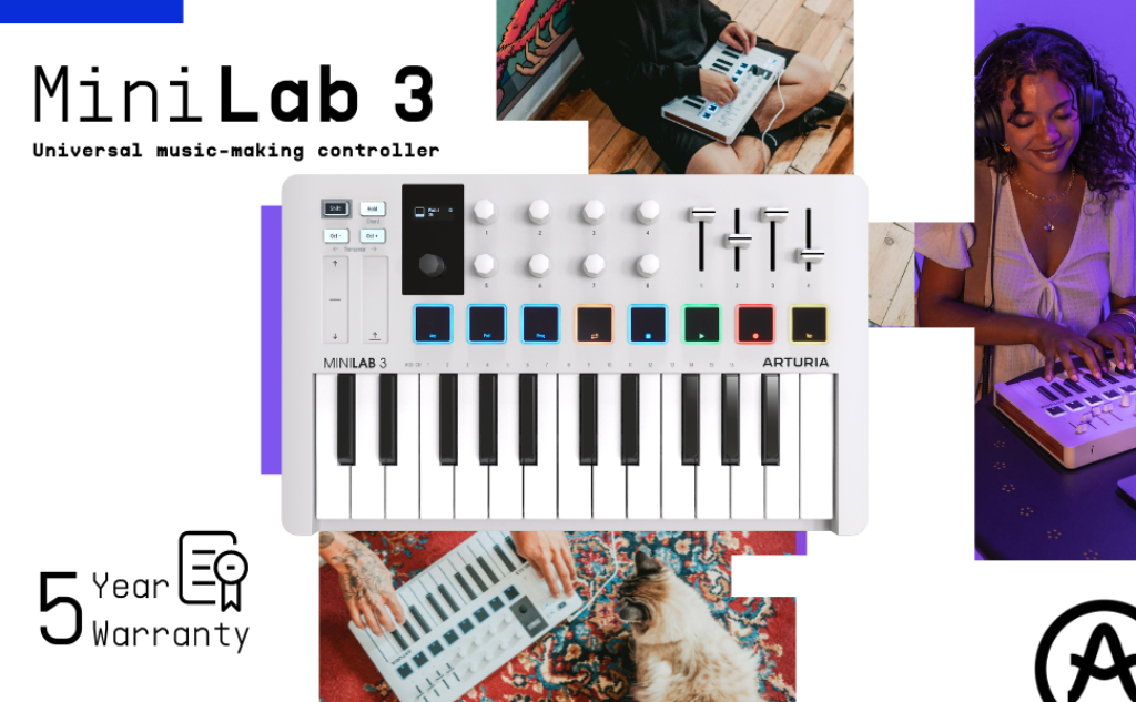 Arturia MiniLab 3, 25 Slim-Key USB-C Midi Controller with 5-Year Warranty, 8 Backlit LED Pads, 8 Knobs, 4 Faders, Midi Out, Built-in Arpeggiator, Chord mode and Music Production Software Bundle
